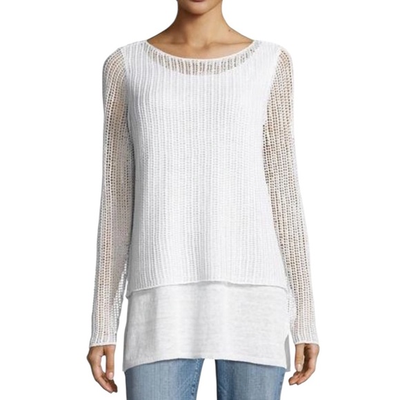Eileen Fisher Linen Knit Mesh Overlay Tiered Layered Sweater Top White Size XXS - Picture 12 of 12
